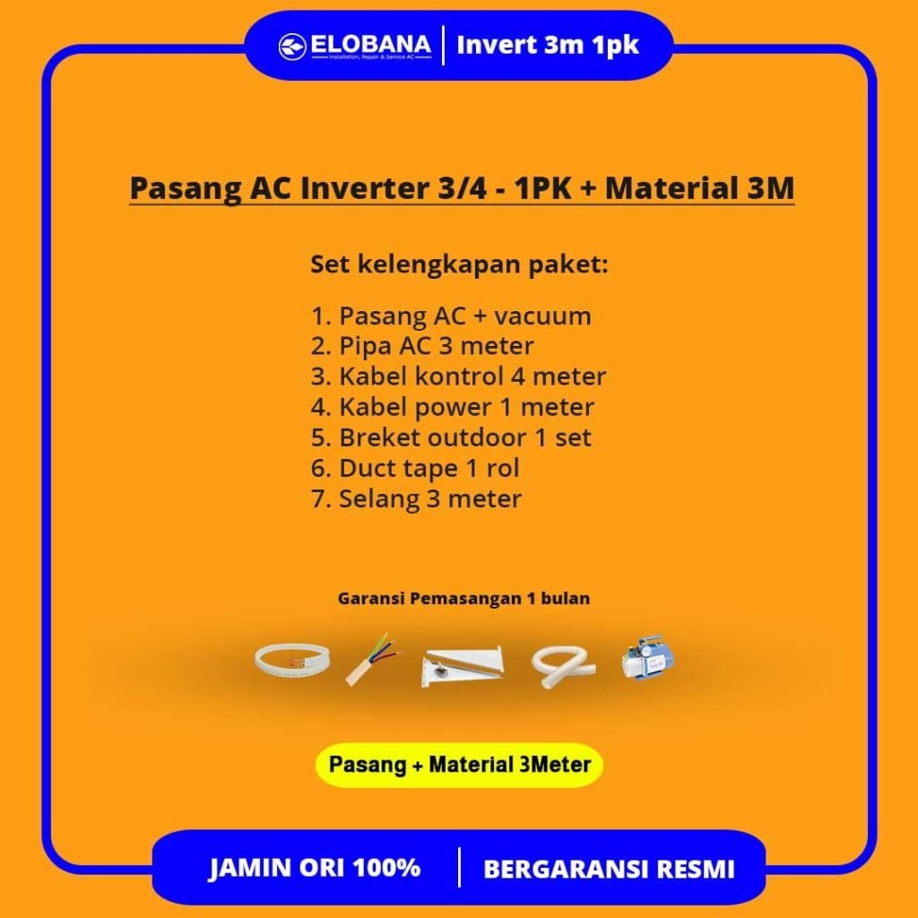 Paket Pasang AC + Material Pipa 3 Meter 1/2 - 1PK Inverter